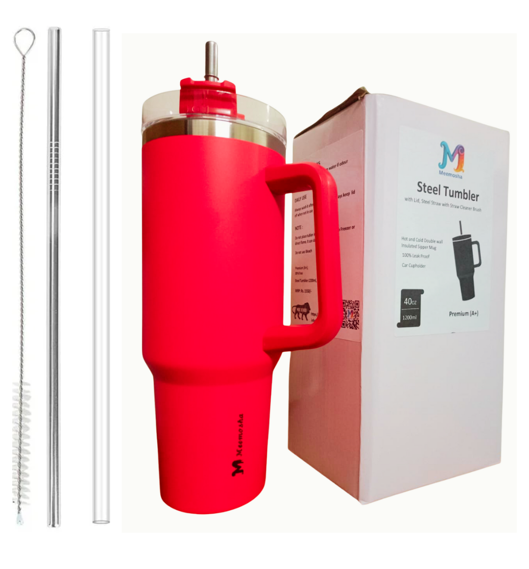 Meemosha 1200ml Stainless Steel Tumbler with 2 Straws and 1 Straw Cleaner Brush | Double Wall Vacuum Insulated | Spill Proof Lid | Keeps Drinks Hot & Cold | Comfort-Grip | Car Cup Holder