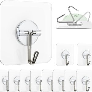 MEEMOSHA Self Adhesive Hooks Without Drilling, 20 Nos Self Adhesive Hooks for Wall Heavy Duty Strong Nail Free, Kitchen Accessories Items Hanging Hook, Transparent Stainless Steel