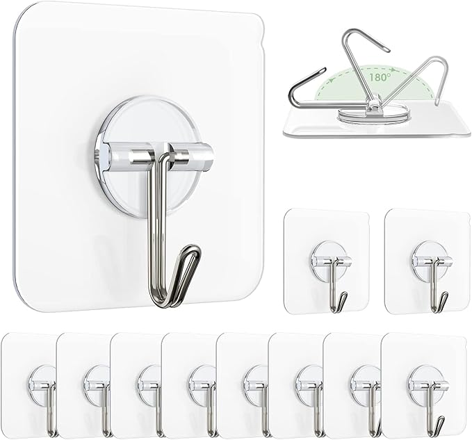 MEEMOSHA Self Adhesive Hooks Without Drilling, 20 Nos Self Adhesive Hooks for Wall Heavy Duty Strong Nail Free, Kitchen Accessories Items Hanging Hook, Transparent Stainless Steel